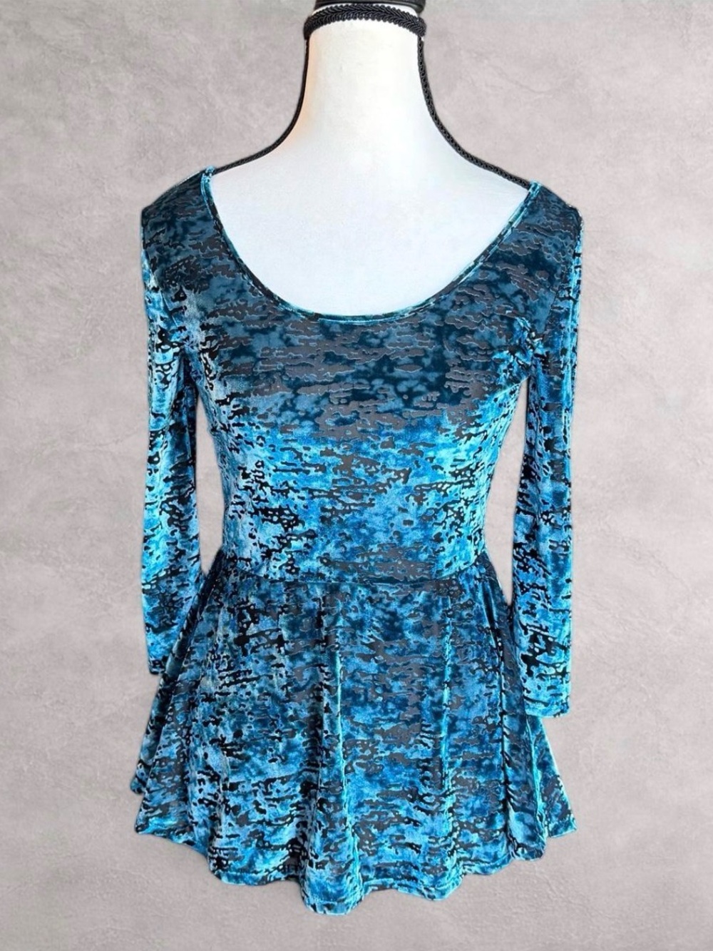 Decree Teal Blue Burnout Velvet Peplum Top - Size S